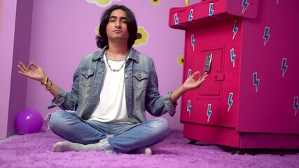 Non binary man doing yoga in his girly room. - Powered by Adobe