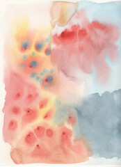 Large size watercolor background for invitations, banners, posters. The background is painted in turquoise, blue, yellow and red colors. 