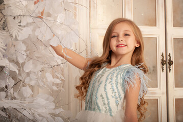 Fototapeta premium beautiful girl in a lush dress for the new year and Christmas dancing