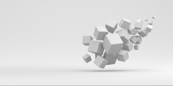 Fototapeta Abstraction from white cubes flying on a white background. 3d render illustration.