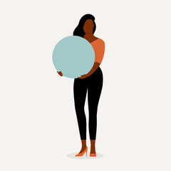 Young Black Woman Standing And Holding A Blank Circle Sign. Notice And Announcement.