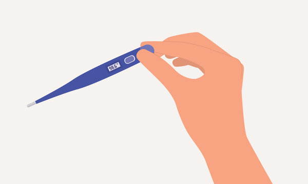 A Person's Hand Holding A Digital Thermometer With Normal Body Temperature Readings Of 98.6 Degrees Fahrenheit.