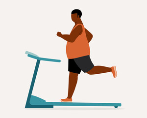 Side View Of A Black Overweight Man Running On A Treadmill.