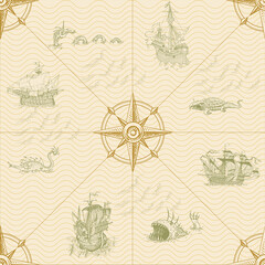 vector image of ancient nautical chart of sea routes of medieval ships