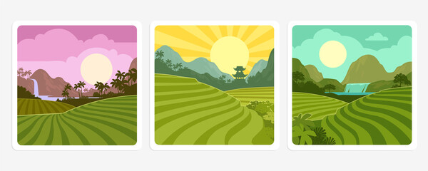 Beautiful fields on hills and plantations in tropical valley of mountains vector set landscape. Rainforest with waterfall and sunset background. Fields of tea or coffee Columbia, Brazil, Vietnam