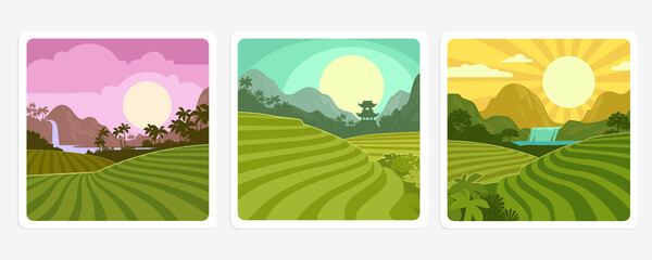 Fields on hills and plantations in tropical valley of mountains vector background. Rainforest with waterfall and sunset background. Fields of tea or coffee Columbia, Brazil, Vietnam Summer landscape - obrazy, fototapety, plakaty