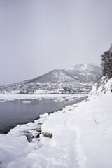 Petropavlovsk Kamchatsky city in the winter at snowy weather. Kamchatka peninsula, Russia