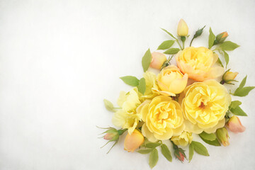 Delicate blossoming yellow rose flowers, blooming festive fall frame background, autumn bouquet floral card, selective focus, toned