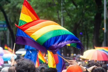 Backlit unrecognizable crowd with rainbow flags and signs at the annual Pride Parade as it passes...