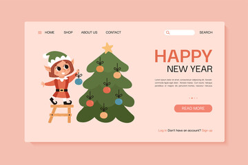 Landing page template. Website banner. Vector illustration with elf who decorates christmas tree with ornaments.