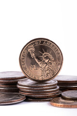 1 american dollar coin and other coins on white background