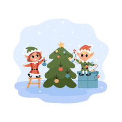 Elves decorate christmas tree with ornaments and light bulbs. Santa Claus helper. Cute vector character. Festive elves at the snowy North Pole.