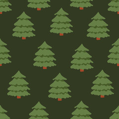 Tree landscape. Vector seamless pattern with green spruces. Northern forest. Hand drawn illustration.