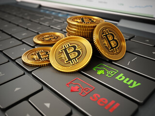 Generic crypto currency coins, buy and sell icons standing on laptop computer keyboard. 3D illustration
