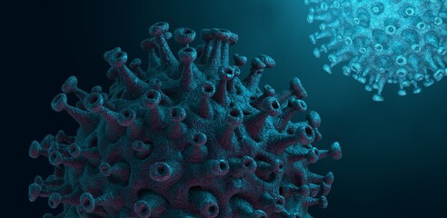 Microscopic view of infectious SARS-CoV-2 delta virus cells. Coronavirus disease COVID-19 outbreak. 3D rendering