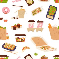 Takeaway food and drink pattern. Seamless background with pizza, sushi, lunch boxes, soup, take-away coffee and groceries in bags. Repeating texture design for printing. Flat vector illustration