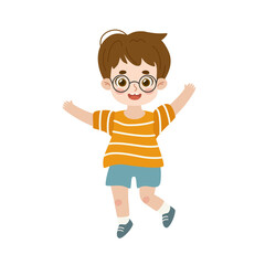 Active boy jumping. Cartoon happy kid dancing. Adorable child having fun.