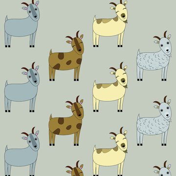 Pattern with painted colorful goats. Can be used for wallpaper, textiles, packaging, cards, covers. Small cute animal on a gray  background.