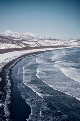 Winter landscape of the coastline of the Pacific ocean. Kamchatka peninsula, Russia