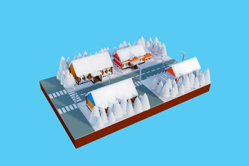 Part of the town in winter on blue background. 3D render. 3D illustration