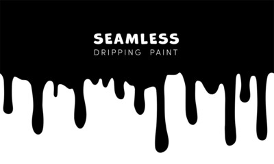 Vector Paint Drips Seamless Border. Water, oil, paint, blood, ink, ice cream or melt chocolate dripping background. Liquid flowing black stains, abstract splatter design element on white background