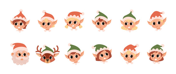 Collection of heads of Christmas elves, Santa Claus and deer. Santa Claus helper. Cute vector character. Festive elf isolated on white background.