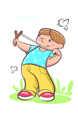 Boy shoots with a slingshot. Bully