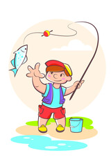 Obraz na płótnie Canvas Cartoon happy little boy fishing
