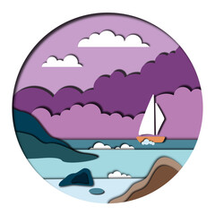 seascape in purple shades with a white sailboat in the style of Paper Cut 