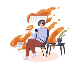 Lazy person procrastinate, postpone businesses, breake deadlines. Procrastination concept. Careless idle unproductive woman indifferent to work. Flat vector illustration isolated on white background