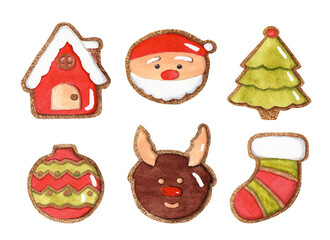 watercolor illustration of christmas gingerbread cookies on isolated white background