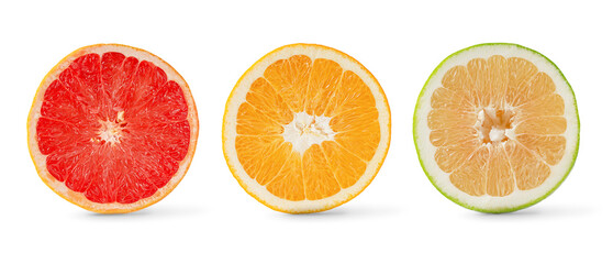 Citrus fruits halves collection of grapefruit, orange and sweetie isolated on white background.