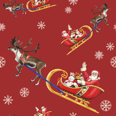 Fototapeta premium Watercolor christmas seamless pattern of santa claus on sleigh