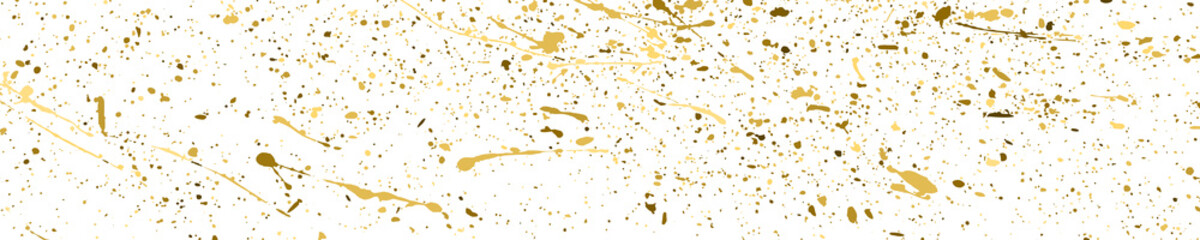 Gold Glitter Texture Isolated On White. Abstract Golden Splashes. Wide Horizontal Long Banner. Panoramic Celebratory Background. Digitally Generated Image. Vector Illustration, EPS 10.
