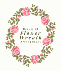 Vintage pink rose flower wreath arrangement for wedding invitation
