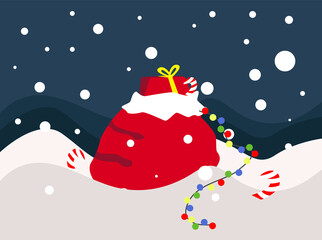 Fototapeta na wymiar A red bag with Christmas gifts is lying in a snowdrift. Santa Claus bag in the snow, gifts, garland. Christmas Lollipop. Vector illustration