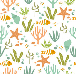 Naklejka premium Print. Vector marine background. Can be printed on fabric. Cartoon fish. underwater world.