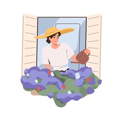Woman watering potted flowers on windowsill outside open window. Person care about houseplant in flowerpot. Female and home garden with floral plants. Flat vector illustration isolated on white - obrazy, fototapety, plakaty