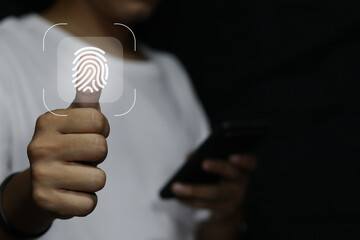 businessman scan fingerprint biometric identity and approval. concept of the future of security and password control through fingerprints in an immersive technology future and cybernetic.