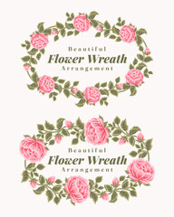 Set of vintage rose flower wreath and spring floral frame arrangements for wedding invitation