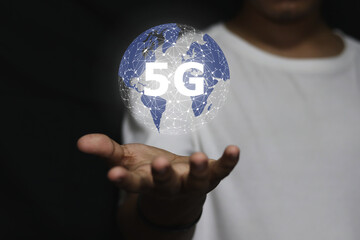 Businessman touching global network and data, Global network connection 5G on hand man. Global network connection 5G concept.