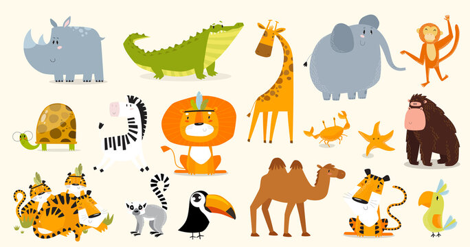 Print. Safari animals set. Vector animals. Wild animals. Cartoon characters.
