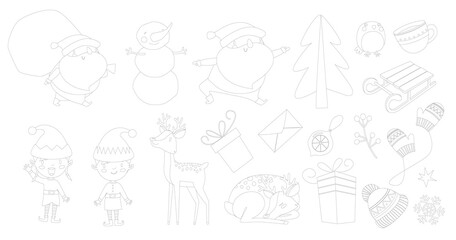 Print. Big New Year coloring book. Santa, elves, Santa's helpers, deer, tree, sleigh, snowflakes, gifts