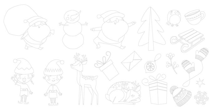 Print. Big New Year coloring book. Santa, elves, Santa's helpers, deer, tree, sleigh, snowflakes, gifts