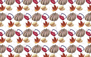 Watercolor touch background illustrations of hot tea and sweet cookies accompanying falling leaves and pumpkin, heralding the arrival of autumn.Pattern collection from hand drawn and isolated objects.