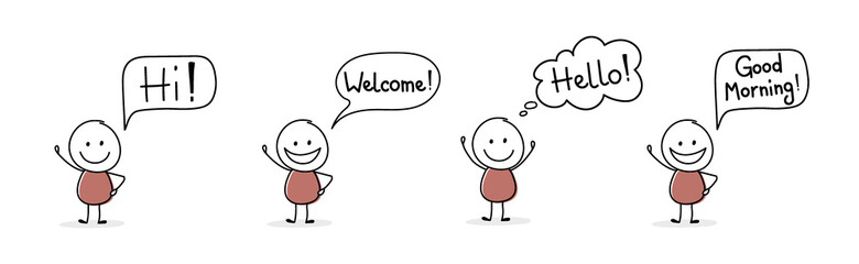 Happy cartoon people with greeting - welcome, hello, hi, good morning. Vector