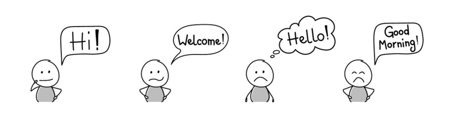 Sad stickman with greeting - welcome, hello, hi, good morning. Vector