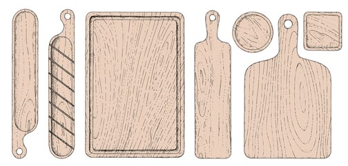 Vector set of different cutting boards. Hand-drawn sketches engraving style. Collection color wooden tableware. Wooden boards for cutting baguette and bread. Isolated objects on a white background
