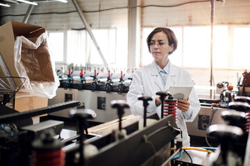 Fototapeta premium Female executive working at factory with machines