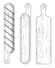 Cutting boards for cutting baguettes and loaves. Vector hand-drawn sketches. Vintage style engraving